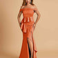 Satin Mermaid Off Shoulder Bridesmaid Dresses With Ruffles Side Slit Floor Length