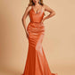 Sexy Satin Mermaid Prom Dresses Spaghetti Straps V-neck Pleats Floor Length