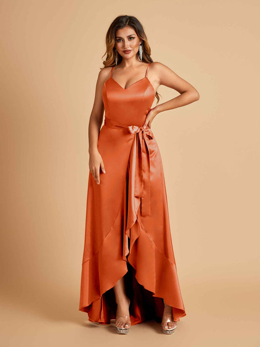 Satin Asymmetric V-neck Bridesmaid Dresses Sleeveless Side Slit A-line Unique