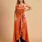 Satin Asymmetric V-neck Bridesmaid Dresses Sleeveless Side Slit A-line Unique For Sale
