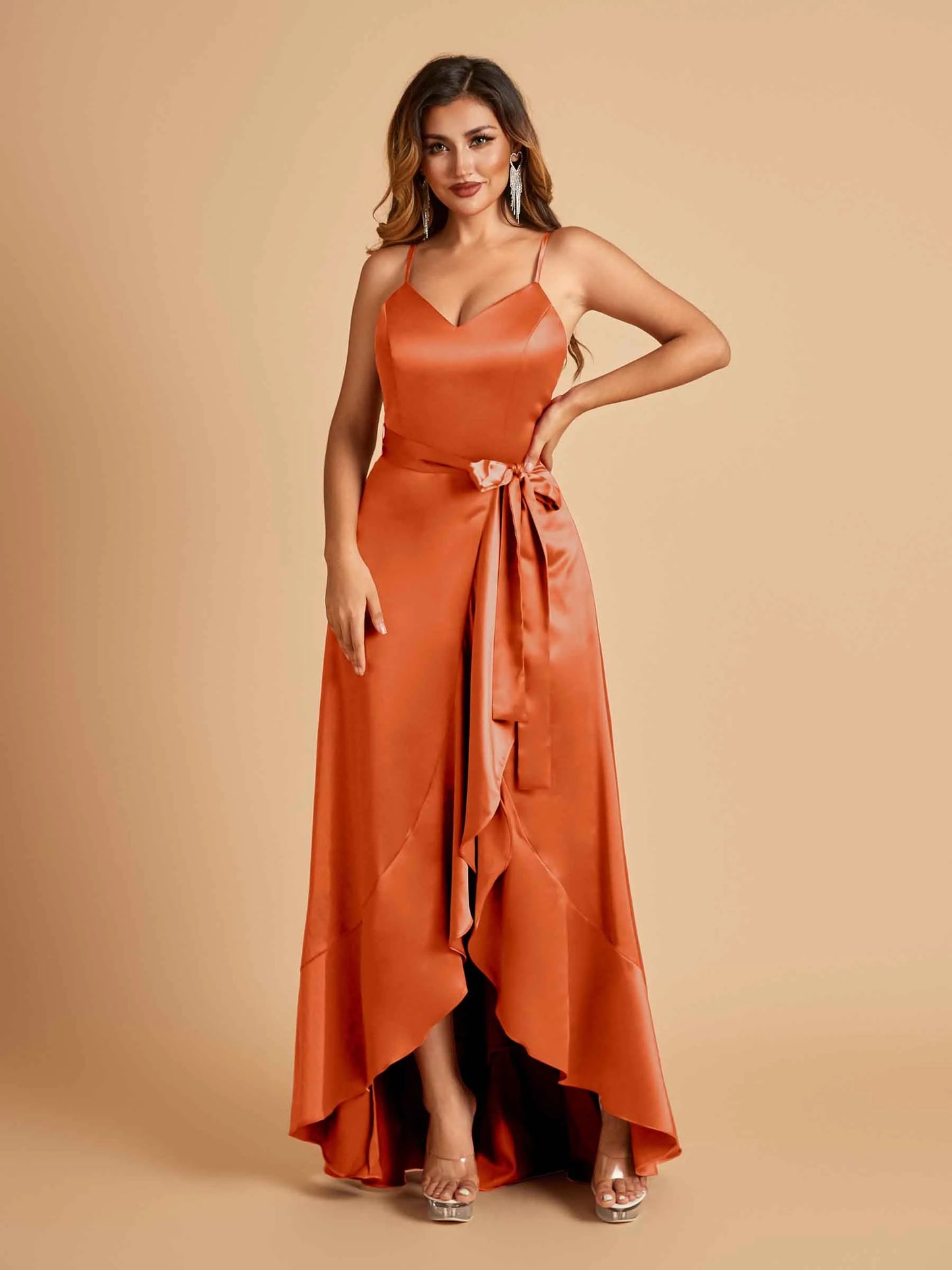 Satin Asymmetric V-neck Bridesmaid Dresses Sleeveless Side Slit A-line Unique For Sale