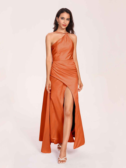 Sexy Satin Halter Strap Sheath Bridesmaid Dresses Side Slit Pleats Floor Length