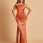 Unique Satin One Shoulder Bridesmaid Dresses Side Slit Half Open Back Floor Length