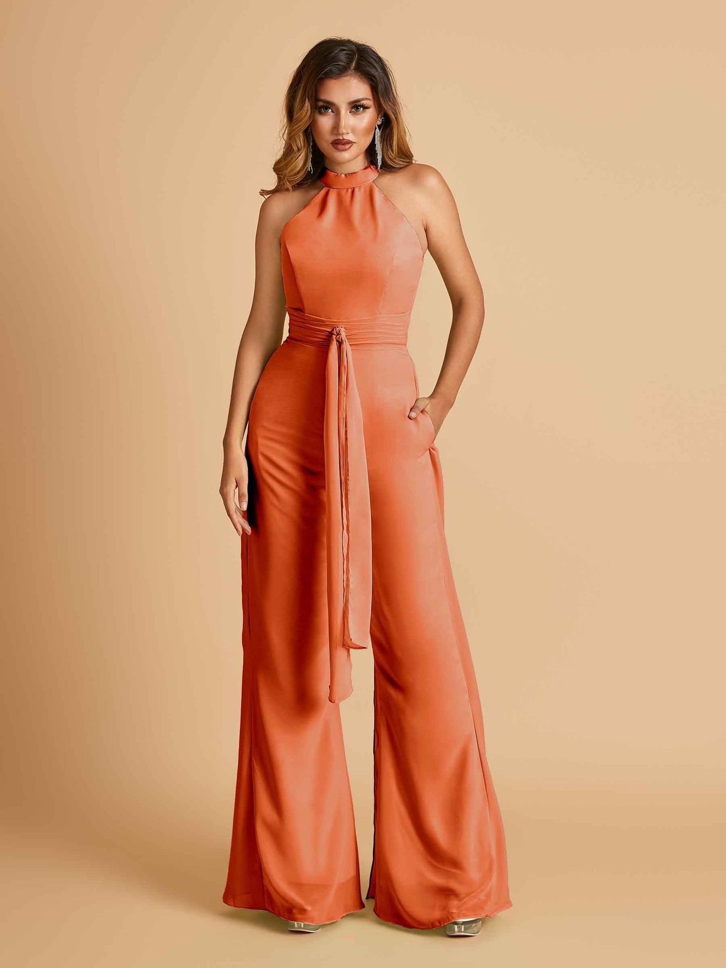 Chiffon Prom Jumpsuit Jewel Neck Sleeveless Floor Length With Pockets