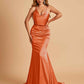 Sexy Satin Mermaid Bridesmaid Dresses Spaghetti Straps V-neck Pleats Floor Length