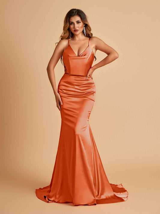 Sexy Satin Mermaid Bridesmaid Dresses Spaghetti Straps V-neck Pleats Floor Length