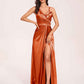 Sexy Satin A-line Prom Dresses Spaghetti Straps Side Slit V-neck Floor Length