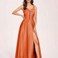 Satin V-neck A-line Prom Dresses Side slit Floor Length