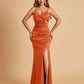 Sexy Satin Mermaid Bridesmaid Dresses Spaghetti Straps V-neck Side Slit Floor Length