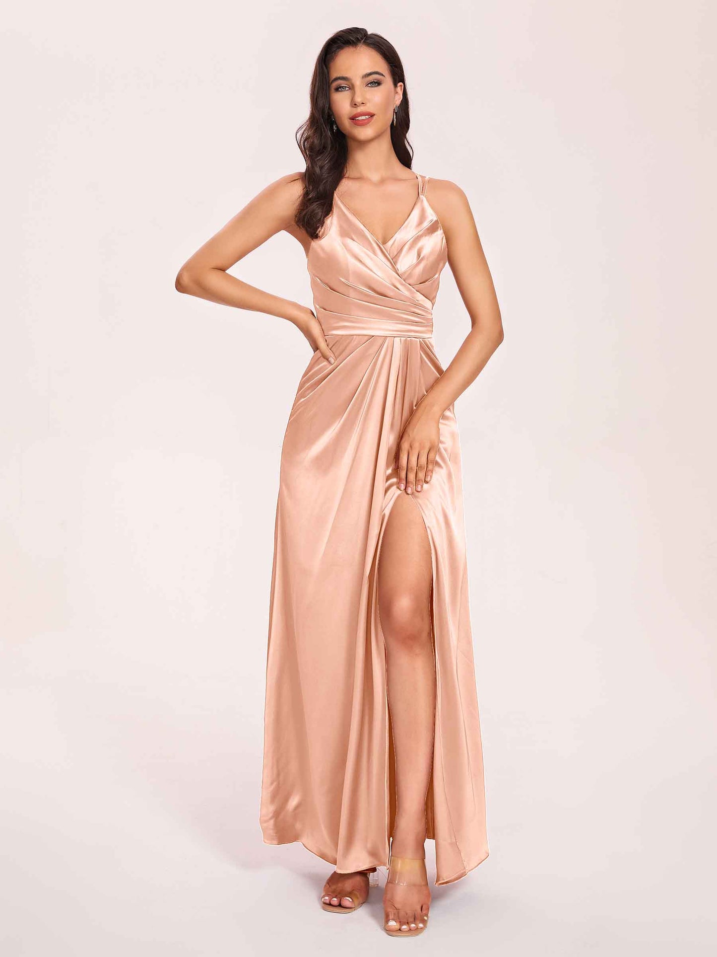 Sexy Satin A-line Bridesmaid Dresses Spaghetti Straps Side Slit V-neck Floor Length
