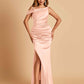 Unique Satin One Shoulder Bridesmaid Dresses Side Slit Half Open Back Floor Length