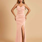 Sexy Satin Mermaid Bridesmaid Dresses Spaghetti Straps V-neck Side Slit Floor Length