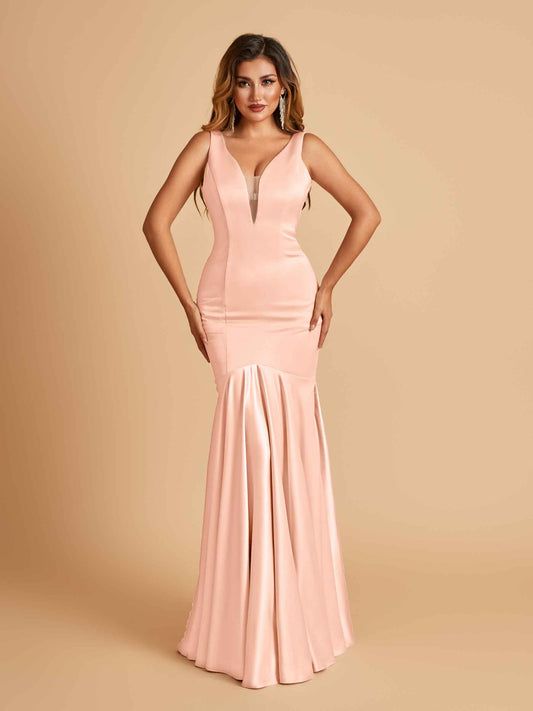 Satin Deep V-neck Mermaid Bridesmaid Dresses Half Open Back Floor Length