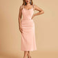 Sexy Satin Midi Prom Dresses Spaghetti Straps Slip Scoop Side Slit