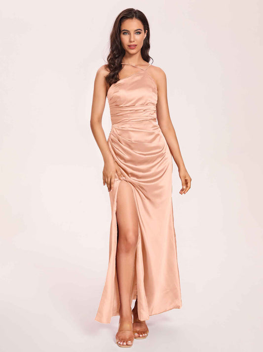 Satin Halter Pleats Sheath Bridesmaid Dresses Side-Slit Floor Length Sleeveless