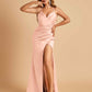 Satin Spaghetti Straps Long Prom Dresses V-neck Side Slit Criss-cross Back Sheath
