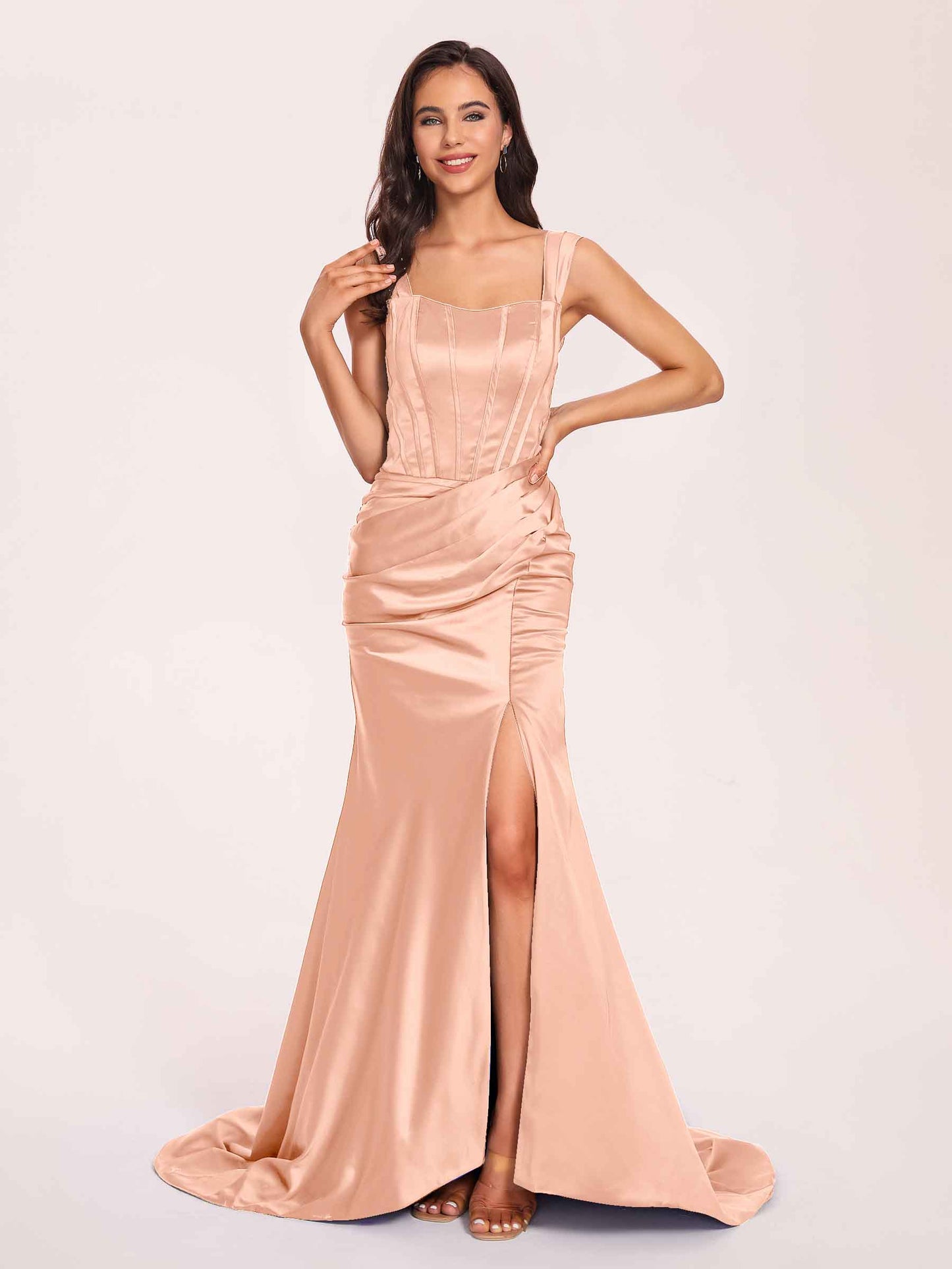 Sexy Satin Square Mermaid Bridesmaid Dresses Pleats Side-Slit Floor-Length Sleeveless