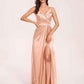 Sexy Satin A-line Prom Dresses Spaghetti Straps Side Slit V-neck Floor Length