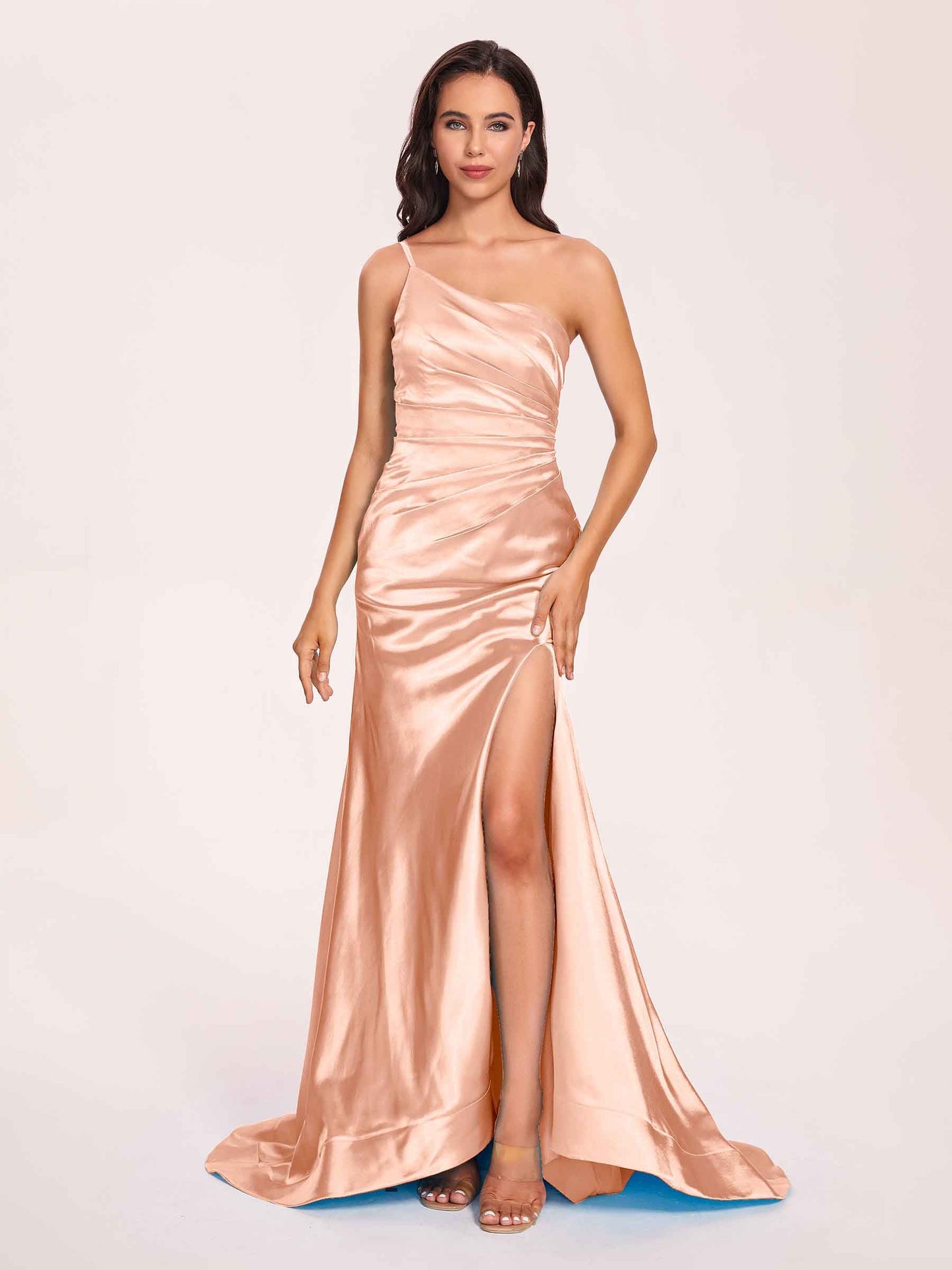 Satin One-shoulder Mermaid Prom Dresses Side Slit Pleats Floor Length