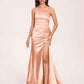 Satin One-shoulder Mermaid Bridesmaid Dresses Side Slit Pleats Floor Length