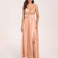 Satin Spaghetti Straps A-line Bridesmaid Dresses Side Slit Floor Length