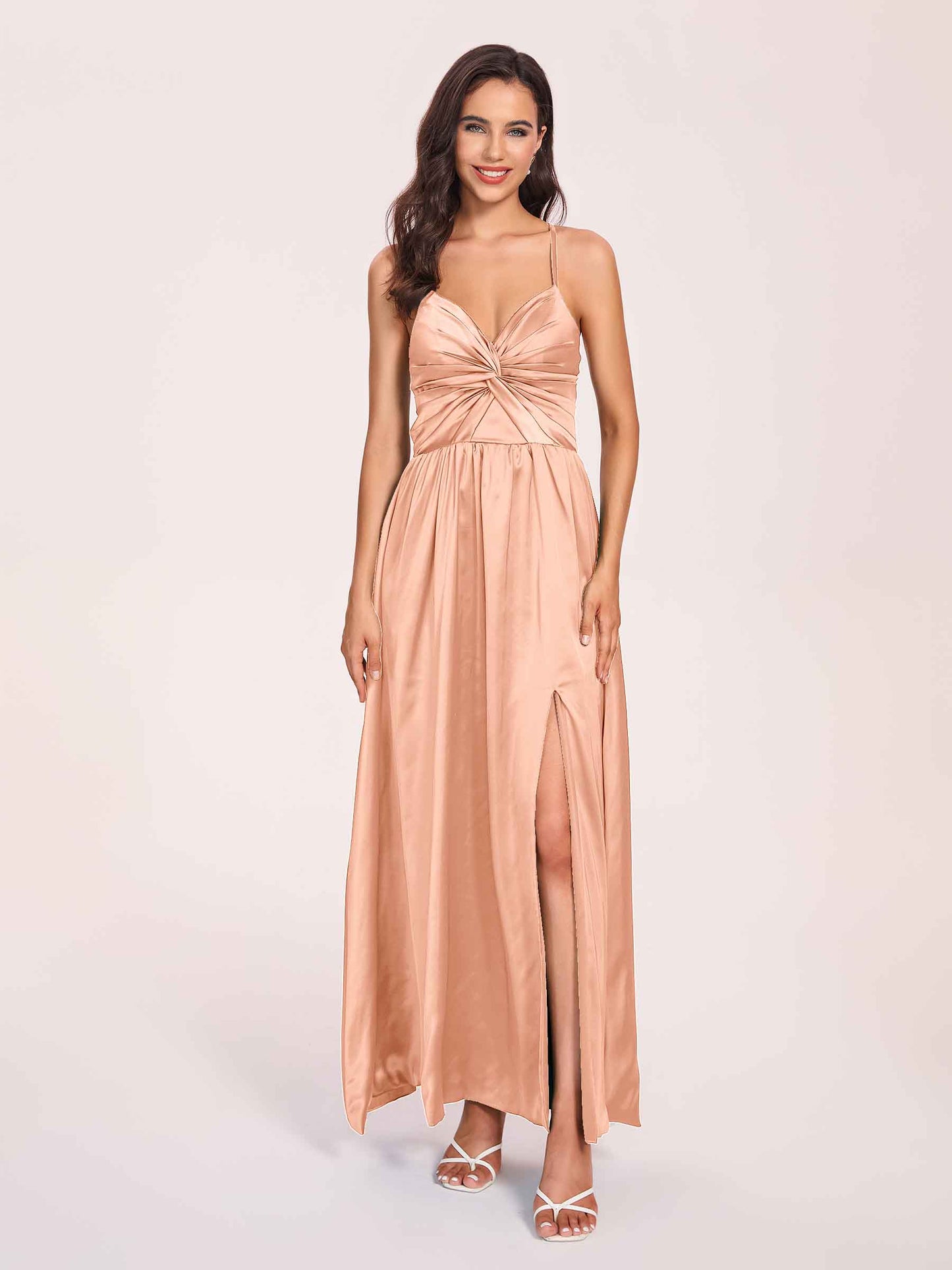 Satin Spaghetti Straps A-line Bridesmaid Dresses Side Slit Floor Length