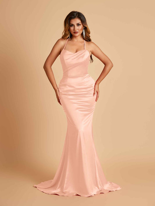 Sexy Satin Mermaid Bridesmaid Dresses Spaghetti Straps Scoop Criss-cross Back