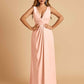 Sexy Satin Deep V-neck Long Bridesmaid Dresses A-line Pleats Sleeveless Floor Length