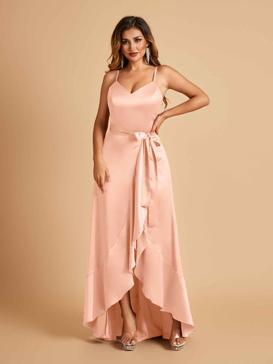 Satin Asymmetric V-neck Bridesmaid Dresses Sleeveless Side Slit A-line Unique