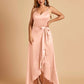 Satin Asymmetric V-neck Bridesmaid Dresses Sleeveless Side Slit A-line Unique For Sale