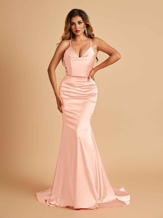 Sexy Satin Mermaid Bridesmaid Dresses Spaghetti Straps V-neck Pleats Floor Length