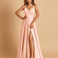 Satin A-line Long Prom Dresses Spaghetti Straps V-neck Side Slit Floor Length
