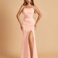 Satin Mermaid Long Bridesmaid Dresses Spaghetti Straps Scoop Side Slit Criss-cross Back For Sale