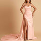 Sexy Satin Sheath Bridesmaid Dresses Spaghetti Straps Sweetheart Side Slit With Train