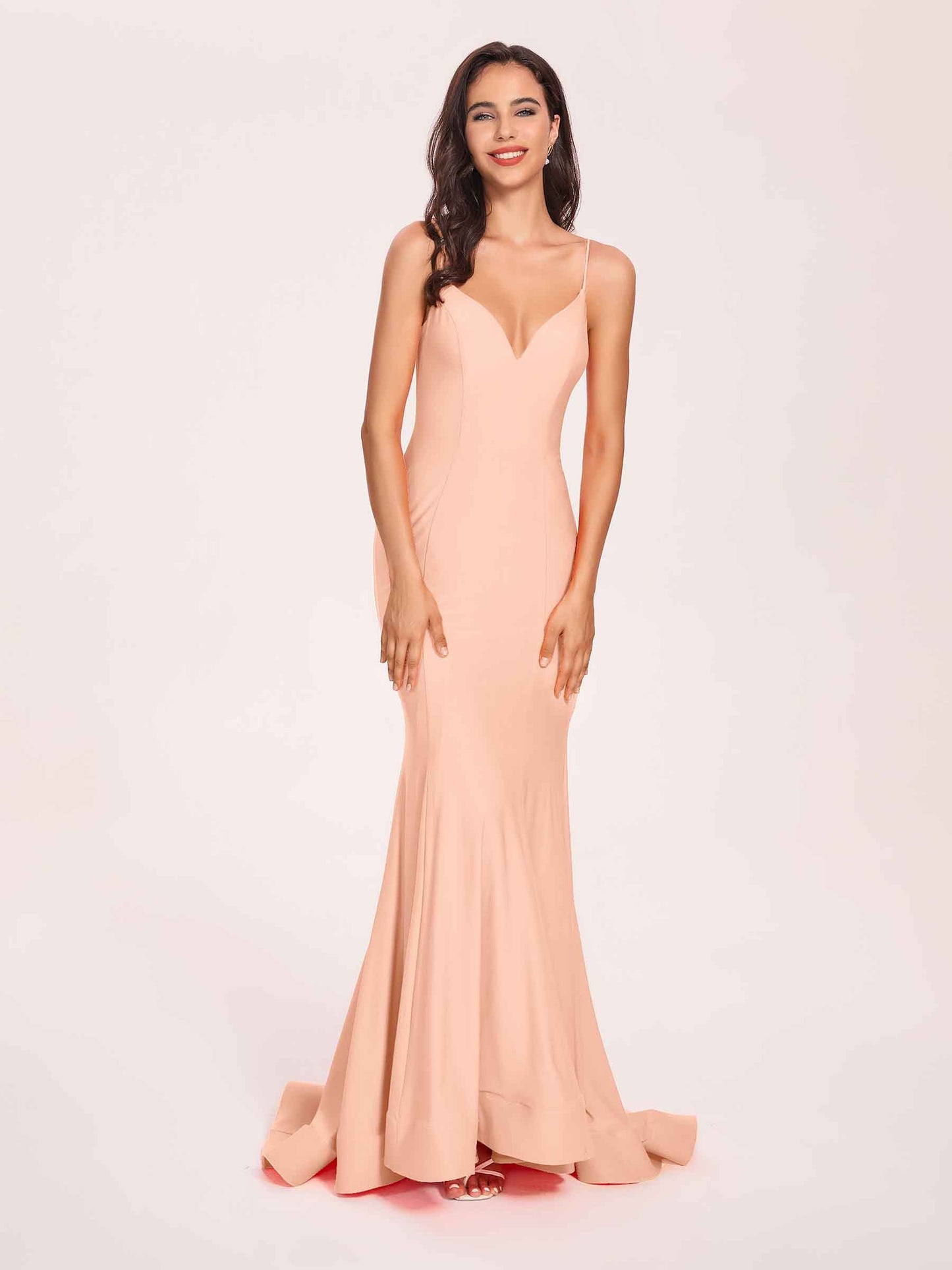Sexy Satin Mermaid Prom Dresses Spaghetti Straps V-neck Floor Length Lace-up Back