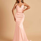 Sexy Satin Mermaid Prom Dresses Spaghetti Straps V-neck Pleats Floor Length
