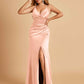 Sexy Satin Sheath Bridesmaid Dresses Spaghetti Straps V-neck Side Slit Pleats Floor Length