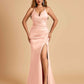 Sexy Satin Mermaid Long Prom Dresses Spaghetti Straps Sweetheart Side Slit Criss-cross Back