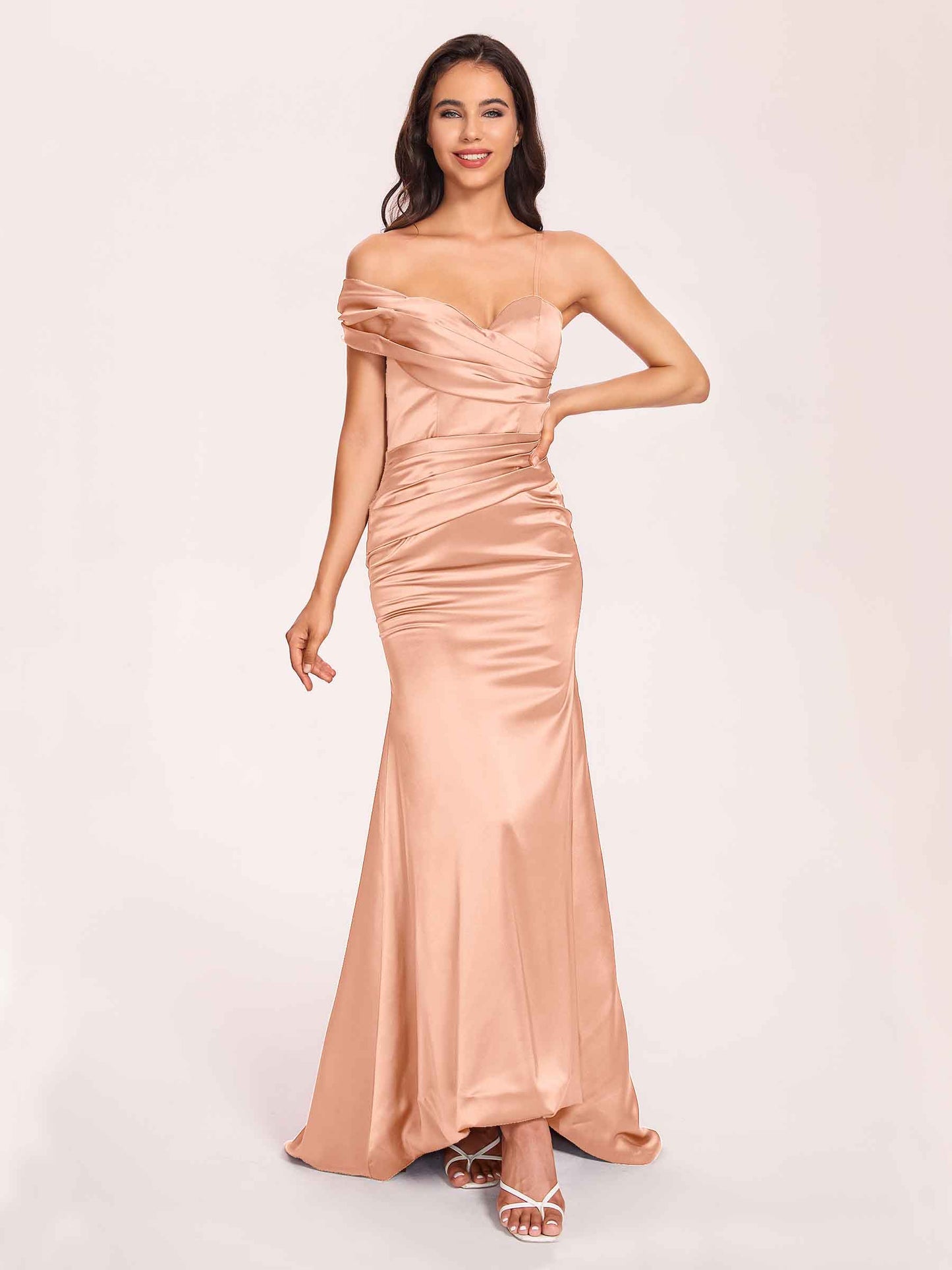 Satin One-shoulder Bridesmaid Dresses Pleats Floor Length Mermaid Long
