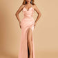 Sexy Satin Halter Straps Sheath Prom Dresses Side Slit Pleats Floor Length