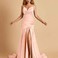 Sexy Satin Mermaid Open Back Prom Dresses Spaghetti Straps V-neck Side Slit
