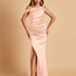 Unique Satin One Shoulder Prom Dresses Side Slit Half Open Back Floor Length