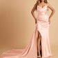 Sexy Satin Sheath Bridesmaid Dresses Strapless Sweetheart Side Slit With Train