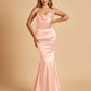 Satin Mermaid Open Back Bridesmaid Dresses Spaghetti Straps Scoop Floor Length