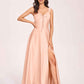 Satin V-neck A-line Prom Dresses Side slit Floor Length