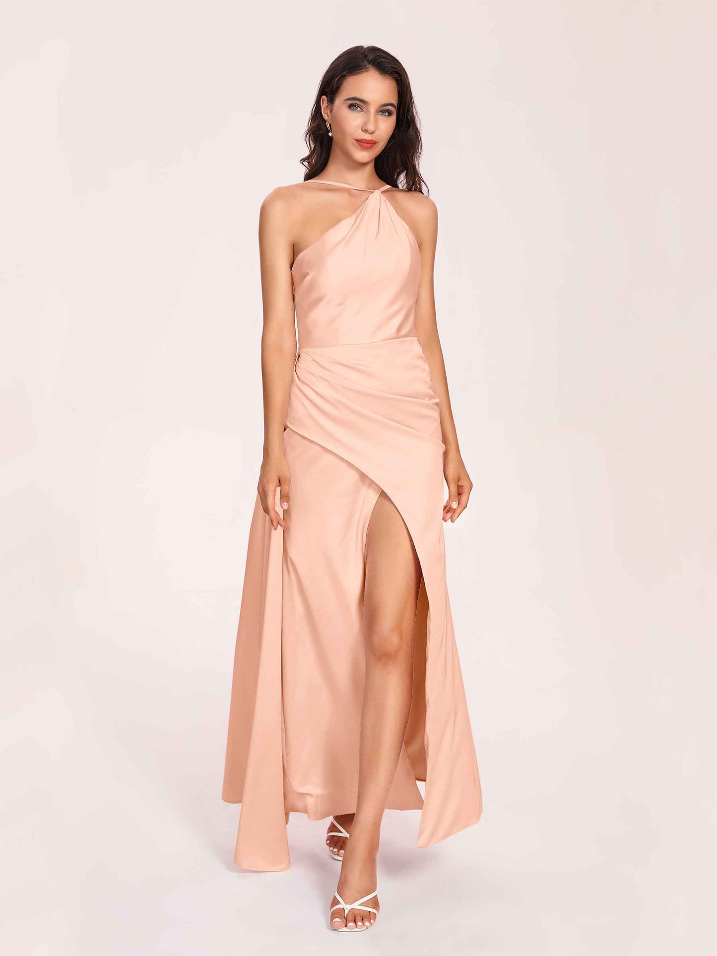 Sexy Satin Halter Strap Sheath Bridesmaid Dresses Side Slit Pleats Floor Length