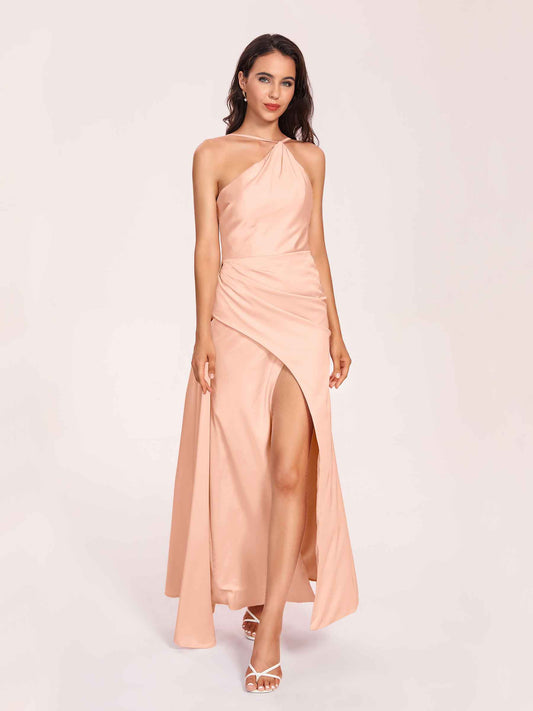 Sexy Satin Halter Strap Sheath Bridesmaid Dresses Side Slit Pleats Floor Length