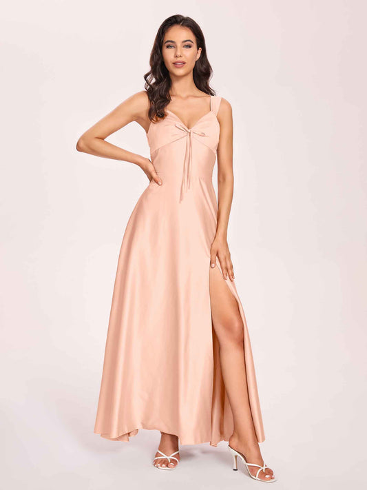 Satin V-neck A-line Bridesmaid Dresses Side slit Floor Length
