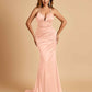 Satin Mermaid Open-back Prom Dresses Spaghetti Straps V-neck With Pleats Floor Length