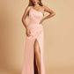 Satin One Shoulder Sheath Bridesmaid Dresses Spaghetti Straps Side Slit Floor Length